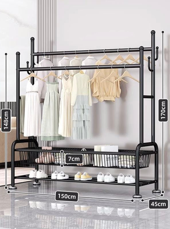 حامل ملابس متعدد الأغراض مع تخزين للأحذية - شماعة ملابس معدنية شديدة التحمل مع قضبان مزدوجة وعجلات قفل - منظم موفر للمساحة للملابس والأحذية والإكسسوارات - شماعة - رف