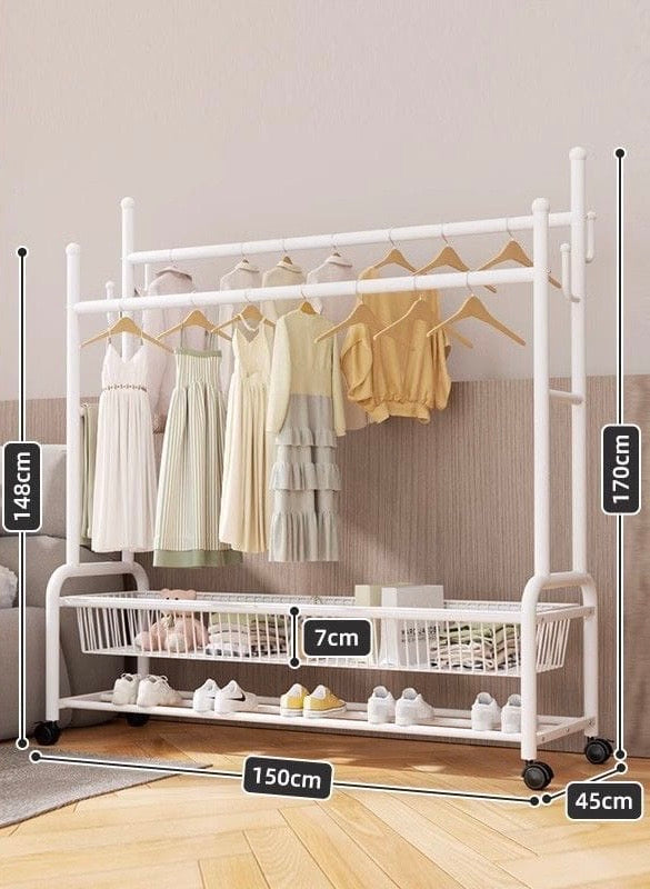 حامل ملابس متعدد الأغراض مع تخزين للأحذية - شماعة ملابس معدنية شديدة التحمل مع قضبان مزدوجة وعجلات قفل - منظم موفر للمساحة للملابس والأحذية والإكسسوارات - شماعة - رف
