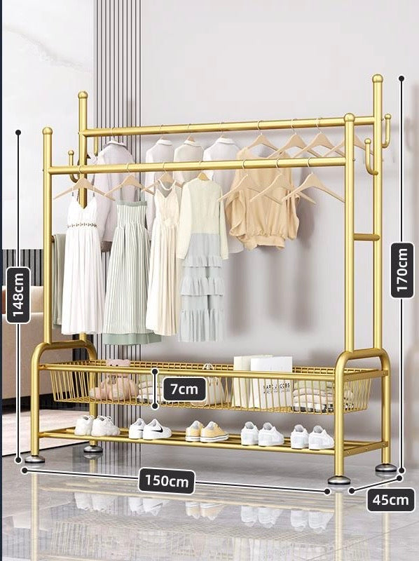 حامل ملابس متعدد الأغراض مع تخزين للأحذية - شماعة ملابس معدنية شديدة التحمل مع قضبان مزدوجة وعجلات قفل - منظم موفر للمساحة للملابس والأحذية والإكسسوارات - شماعة - رف