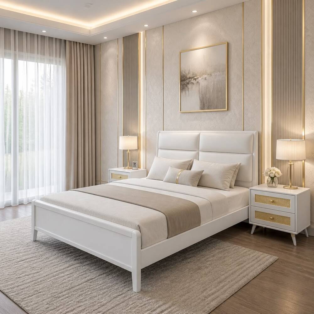 King Size Bed Frame Solid Wood And Leather 180x200 White