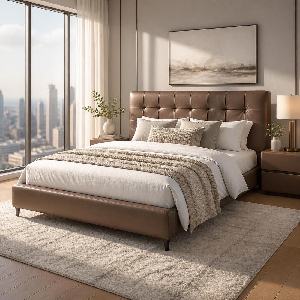 King Size Bed Frame Solid Wood And Leather 180x200 Brown