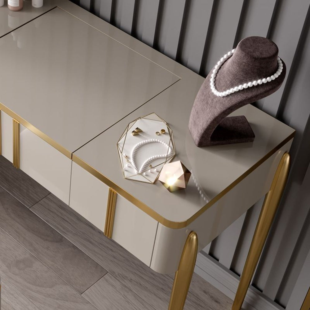 Modern vanity table with mirror ; Luxury dressing table with storage ; Stylish vanity with stool ; Jewelry and cosmetic organizer table ; Elegant bedroom furniture ; Dressing table for makeup ; Minimalist vanity table design ; Contemporary beauty table ; Compact vanity table with drawers ; Beige furniture for bedrooms