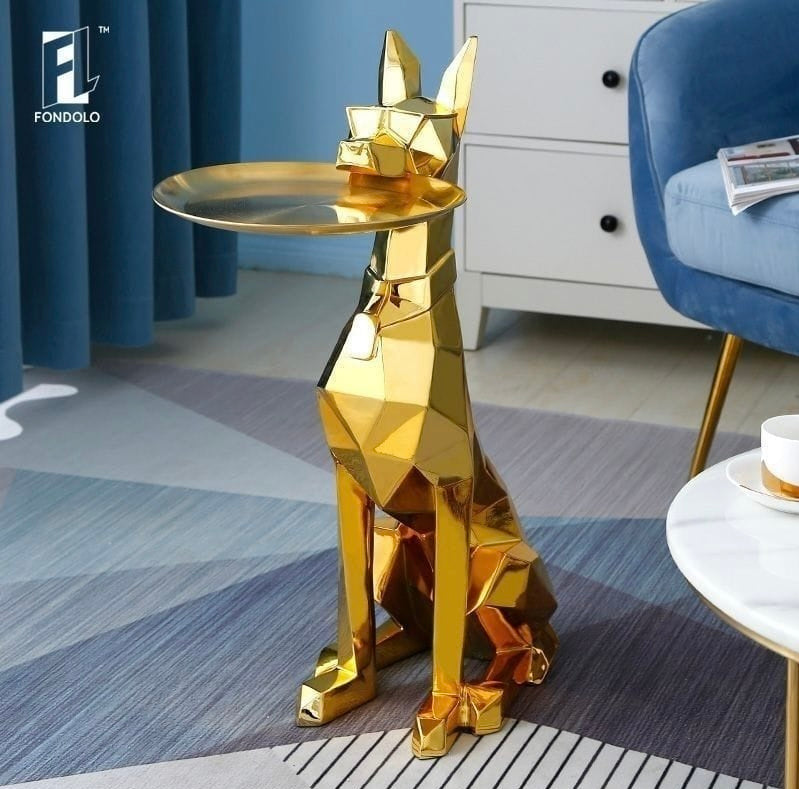 Geometric Dog-Shaped Key Tray & Coffee Table - Modern Resin Decorative Sculpture with Gold Tray - Unique Home Decor, Entryway Key Holder, and Side Table .