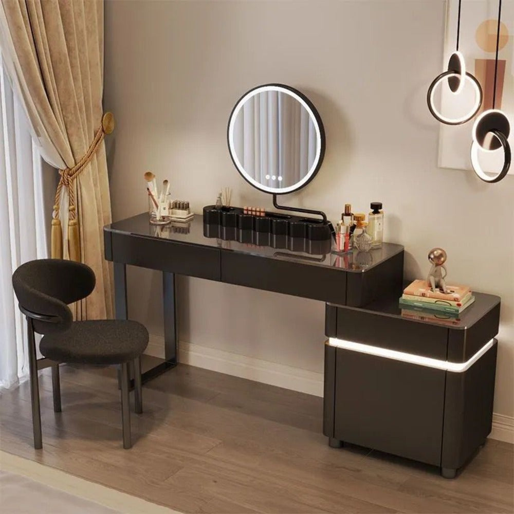 mirrored vanity beauty desk with light, black dressing table glass top with free delivery in Dubai , Shop now