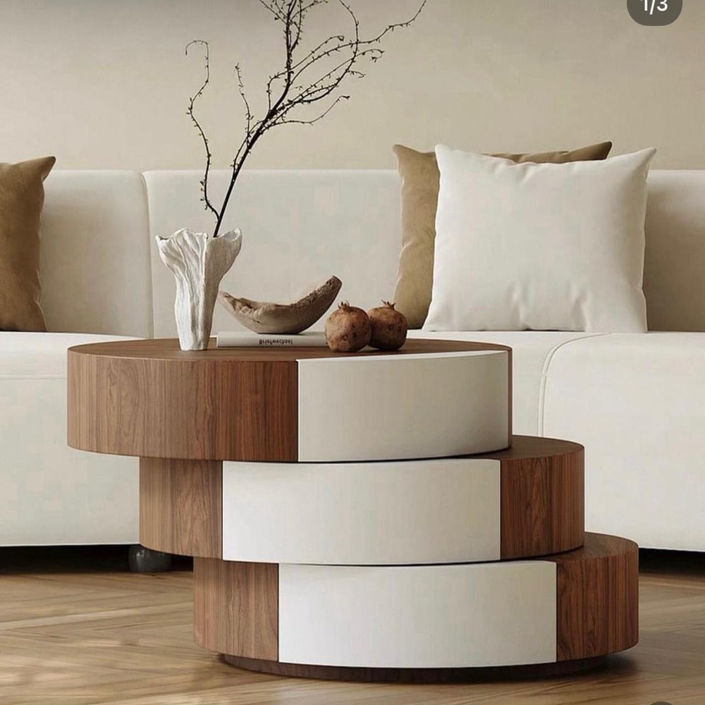wooden coffee table, round coffee table, 3-tier coffee table, rotating table, modern coffee table, swivel table, wooden furniture, living room table, space-saving coffee table, contemporary coffee table