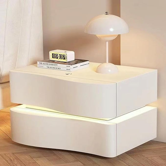 Modern bedside table ; Minimalist nightstand ; Bedside storage cabinet ;Glossy night table ; Bedroom furniture ; Nightstand with drawers ; Functional bedside organizer ; Contemporary bedside table ; Luxury nightstand ; Stylish bedroom storage ; Modern furniture design ; Space-saving bedside table ; LED bedside table ; Smart LED nightstand