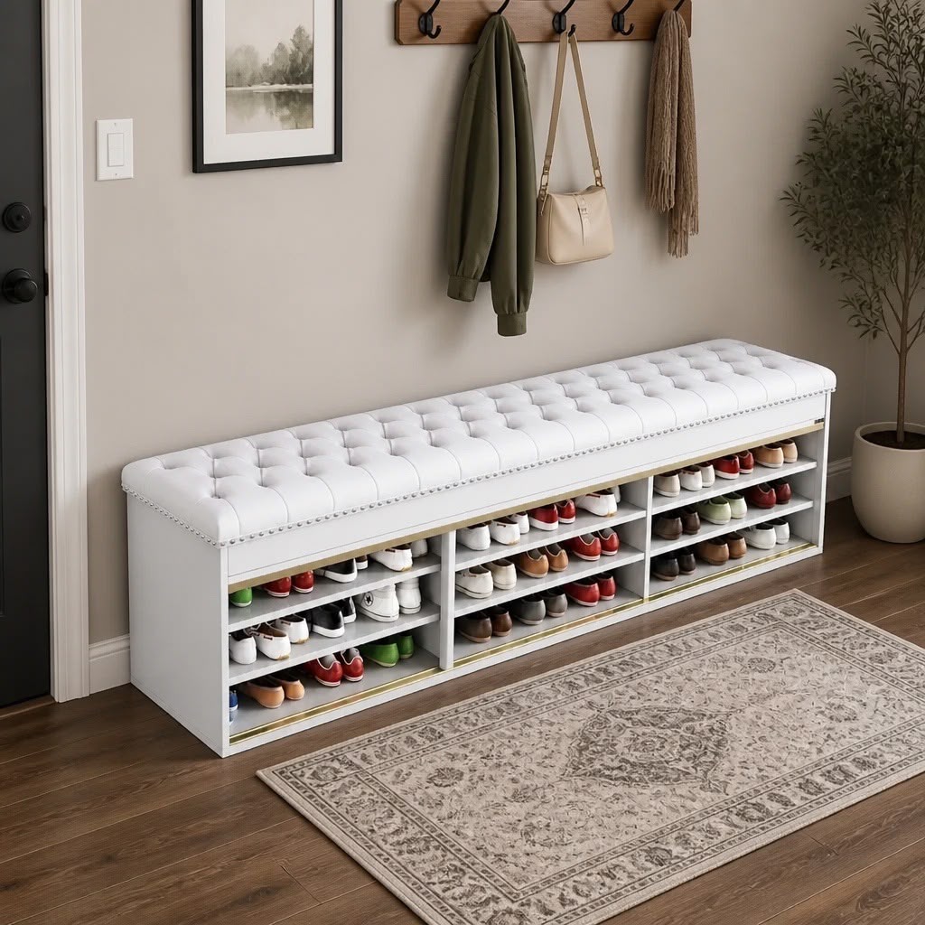Monarch Luxury Shoe Bench Storage Cabinet – White
