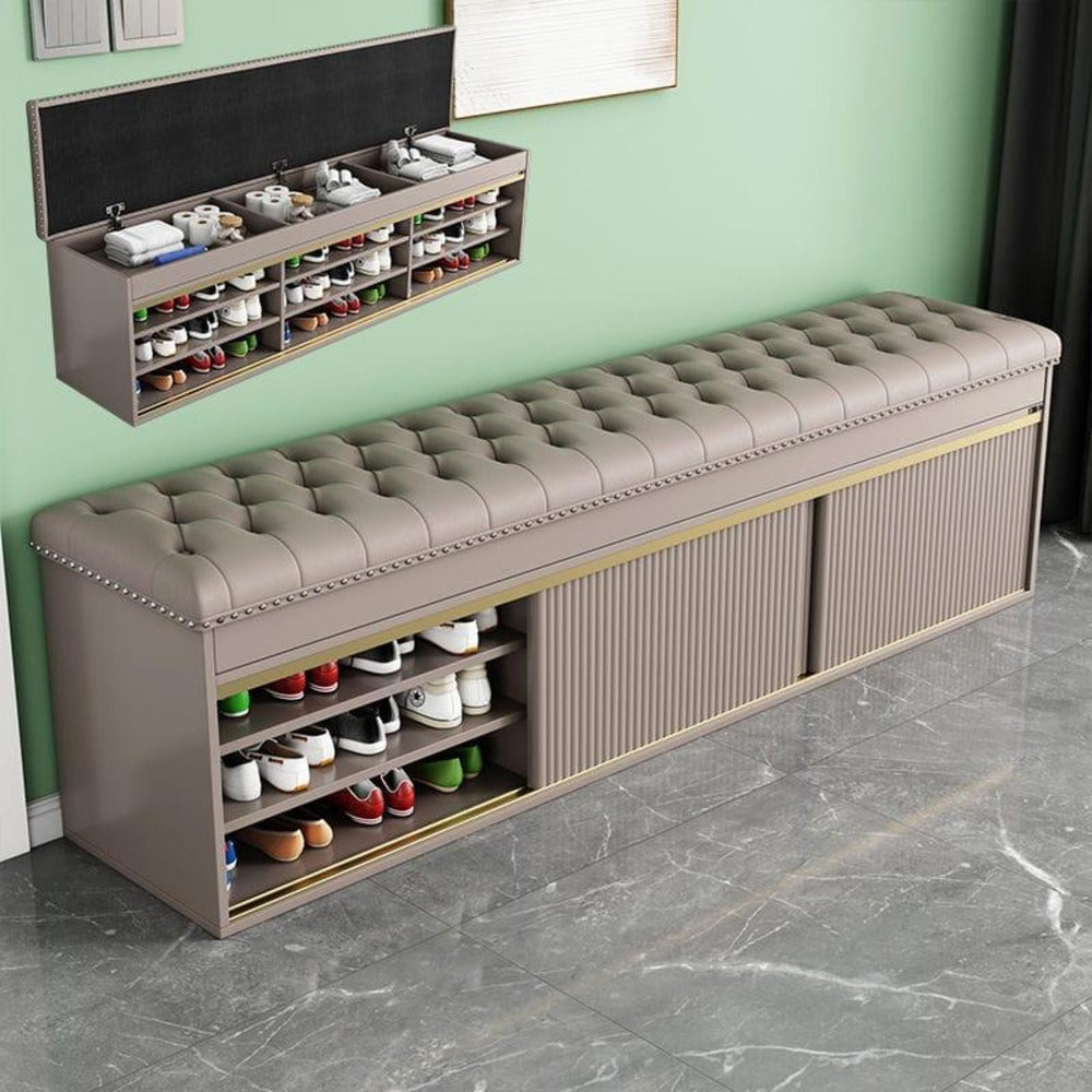shoe storage bench ; ottoman with storage ; tufted bench ; sliding door shoe cabinet ; entryway furniture ; modern storage solution ; home organization ; cushioned seating ; elegant shoe rack ;luxury shoe cabinet ; Modern ottoman with storage ; Elegant home ; decor bench ; Space-saving shoe rack