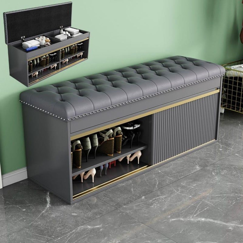 shoe storage bench ; ottoman with storage ; tufted bench ; sliding door shoe cabinet ; entryway furniture ; modern storage solution ; home organization ; cushioned seating ; elegant shoe rack ;luxury shoe cabinet ; Modern ottoman with storage ; Elegant home ; decor bench ; Space-saving shoe rack