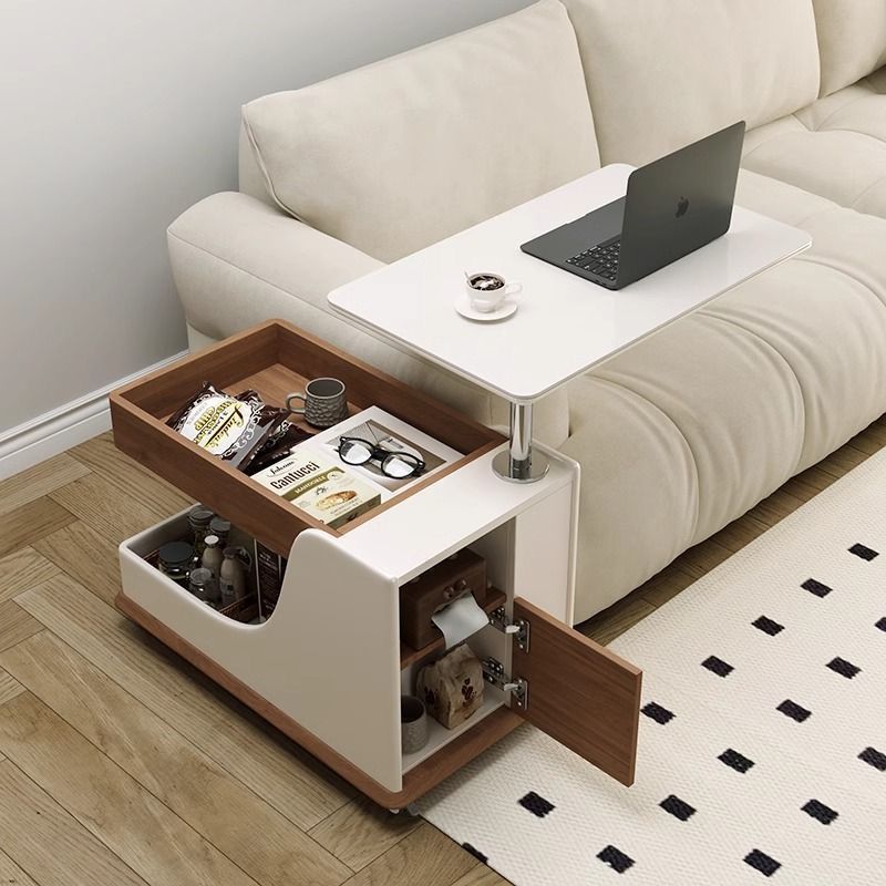 modern coffee table - storage coffee table - multifunctional table - rolling coffee table - contemporary design - wooden and white coffee table - living room furniture - compact storage solution - side table with drawers - minimalist furniture .