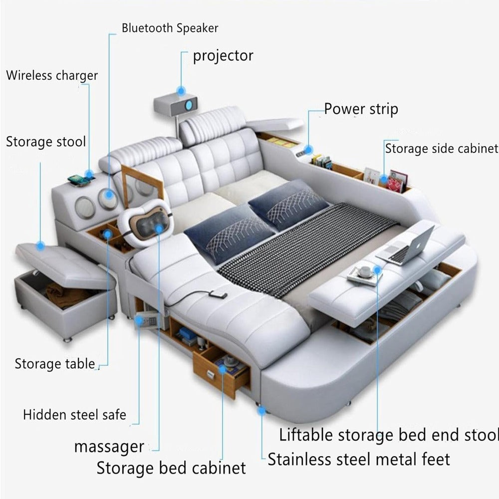 Smart bed ; Multifunctional bed ; Modern furniture ; Projector bed ; Bed with storage ; Built-in sound system bed ; Bed With Projector ; Tech-savvy furniture ; Home automation bed ; Luxury bed with gadgets ; Bed with USB ports ; Integrated lighting bed ; Comfortable ergonomic bed .