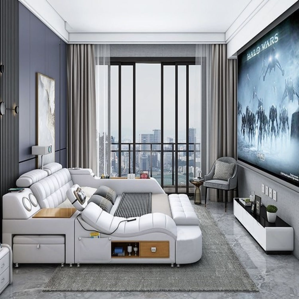 Smart bed ; Multifunctional bed ; Modern furniture ; Projector bed ; Bed with storage ; Built-in sound system bed ; Bed With Projector ; Tech-savvy furniture ; Home automation bed ; Luxury bed with gadgets ; Bed with USB ports ; Integrated lighting bed ; Comfortable ergonomic bed .
