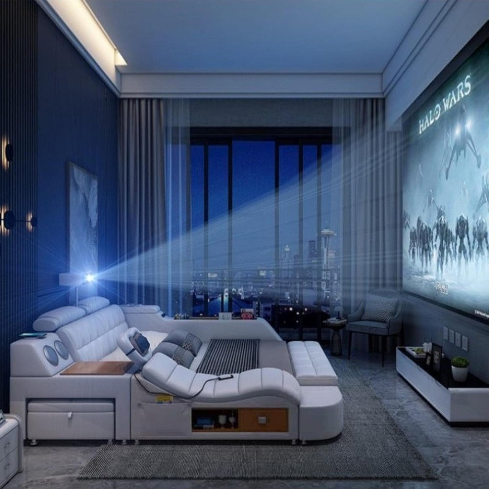 Smart bed ; Multifunctional bed ; Modern furniture ; Projector bed ; Bed with storage ; Built-in sound system bed ; Bed With Projector ; Tech-savvy furniture ; Home automation bed ; Luxury bed with gadgets ; Bed with USB ports ; Integrated lighting bed ; Comfortable ergonomic bed .