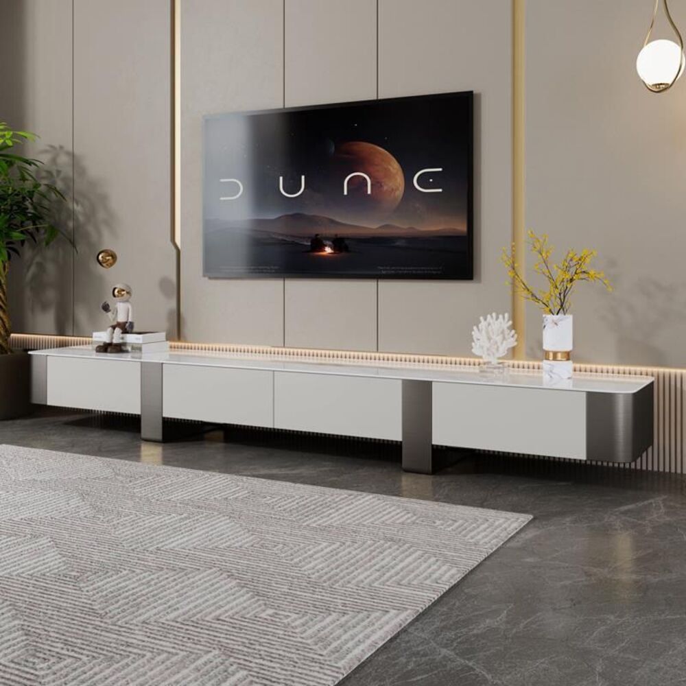 premium TV Table With Marble Top - Silver Accent 220cm