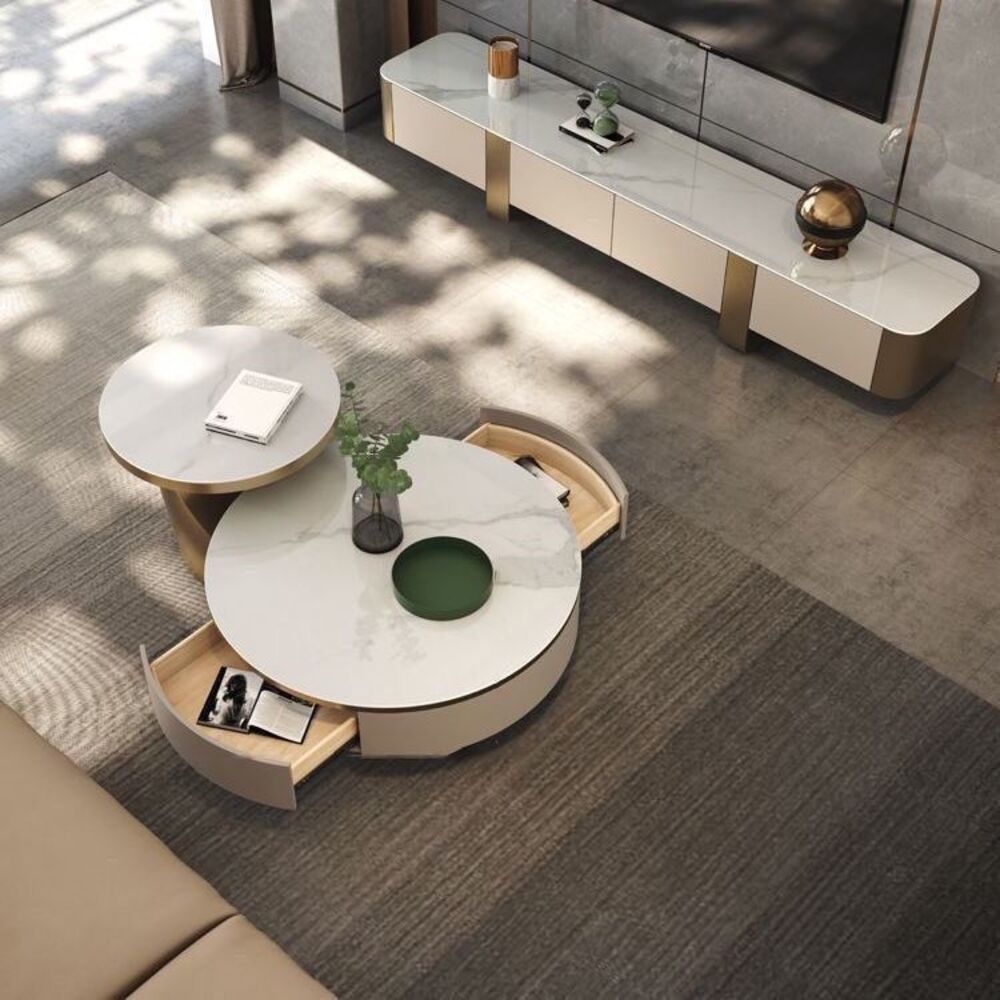 Solid Wood TV Table With Marble Top - Off White