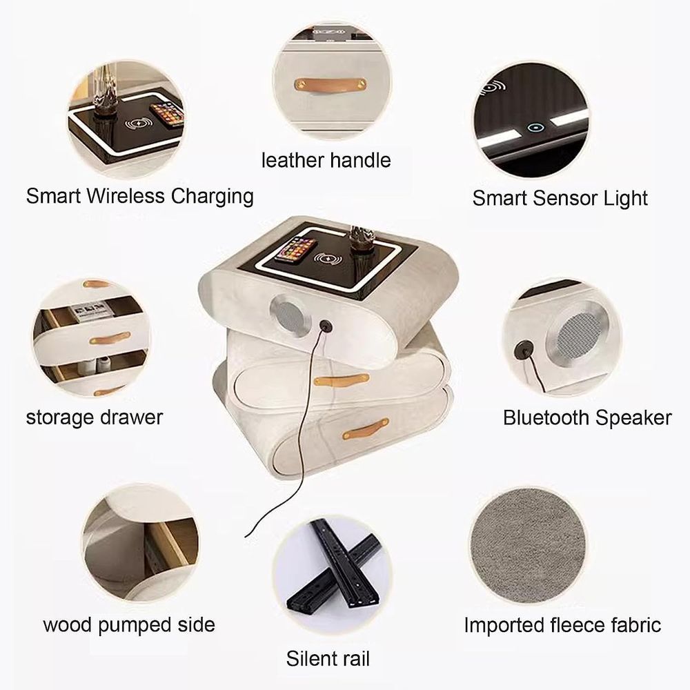 Smart nightstand ; Modern bedside table ; Wireless charging nightstand ; Bedside table with speaker ; Nightstand with Bluetooth speaker ; LED nightstand ; USB charging nightstand ; Nightstand with drawers ; Contemporary end table ; Compact bedroom furniture ; Charging station nightstand
طاولة سرير جانبية أنيقة ; طاولة سرير جانبية عصرية ; طاولة سرير جانبية مزودة بشحن لاسلكي ; طاولة سرير جانبية مزودة بمكبر صوت ; طاولة سرير جانبية مزودة بمكبر صوت بلوتوث ; طاولة سرير جانبية مزودة بإضاءة LED ; طاولة سرير جانبية