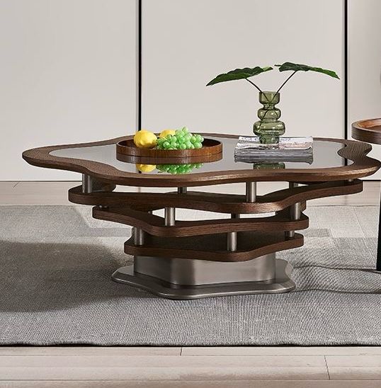 modern coffee table ; artistic coffee table ; luxury furniture ; glass coffee table ; contemporary decor ; wooden base table ; unique design ; wavy edge table ; living room centerpiece ; minimalist furniture; Made Of Solid Natural Wood ;wooden furniture ;solid wood furniture ;all about the wood; real wood furniture ;modern casual furniture ;positive energy furniture ; lovely homes furniture