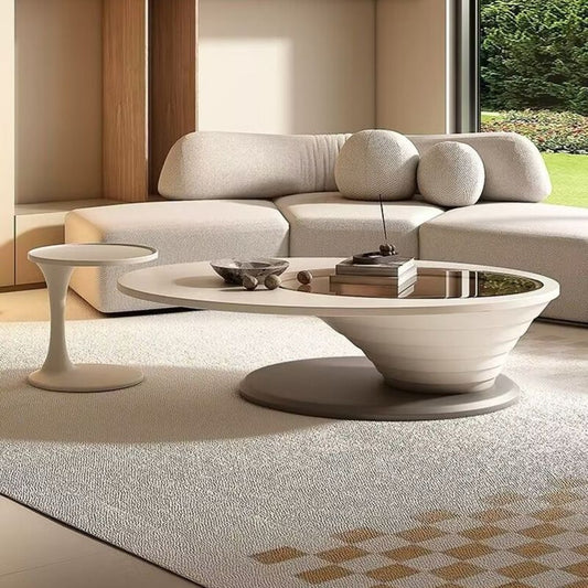sculptural coffee table ; glass-top table ; high-end living room table ; artistic coffee table ; minimalist furniture ; designer coffee table ; swirl coffee table ; stylish coffee table ; wooden coffee table