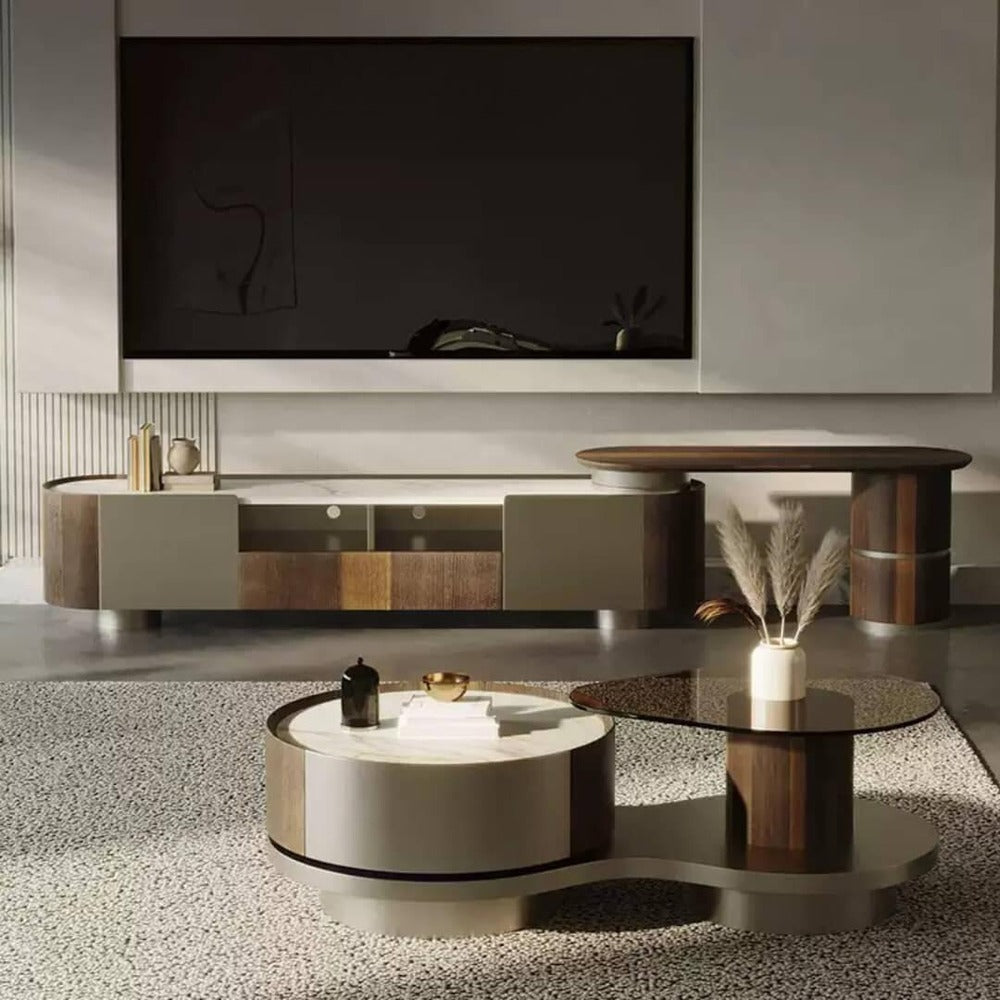 minimalist furniture ; luxury living room table ; contemporary interior ; wooden coffee table ; designer furniture ; home décor ; stylish center table ; elegant living room ;elegant wooden TV and Coffee table set