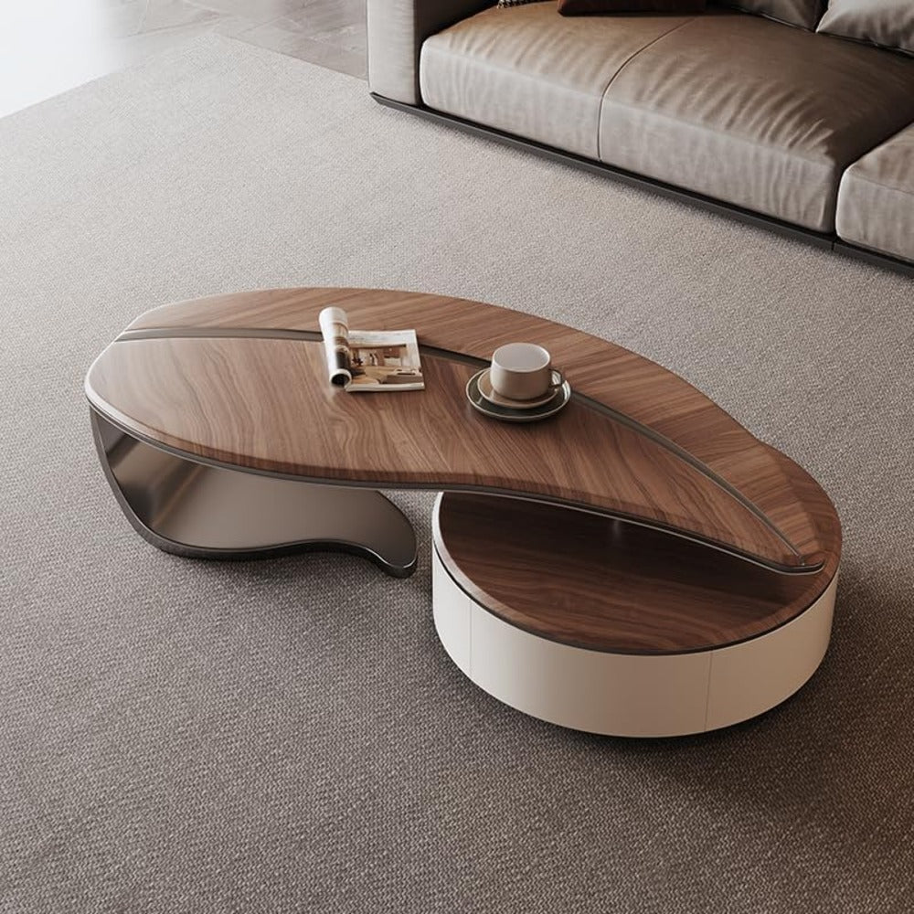 wooden coffee table, round coffee table, 3-tier coffee table, rotating table, modern coffee table, swivel table, wooden furniture, living room table, space-saving coffee table, contemporary coffee table