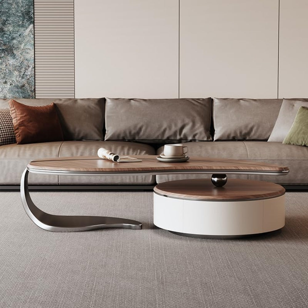 wooden coffee table, round coffee table, 3-tier coffee table, rotating table, modern coffee table, swivel table, wooden furniture, living room table, space-saving coffee table, contemporary coffee table
