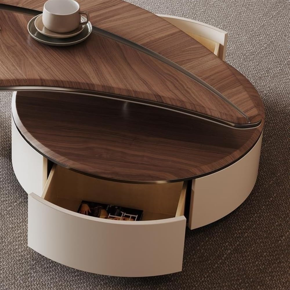 wooden coffee table, round coffee table, 3-tier coffee table, rotating table, modern coffee table, swivel table, wooden furniture, living room table, space-saving coffee table, contemporary coffee table