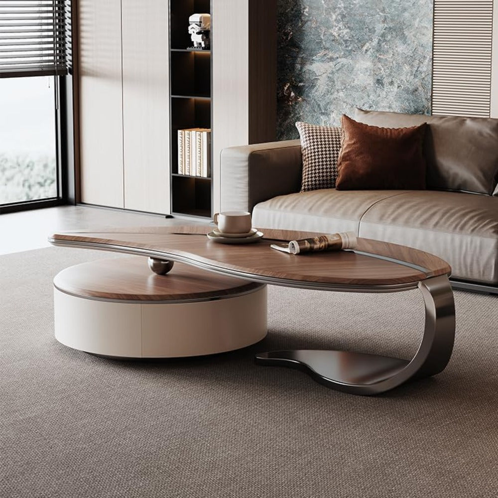 wooden coffee table, round coffee table, 3-tier coffee table, rotating table, modern coffee table, swivel table, wooden furniture, living room table, space-saving coffee table, contemporary coffee table