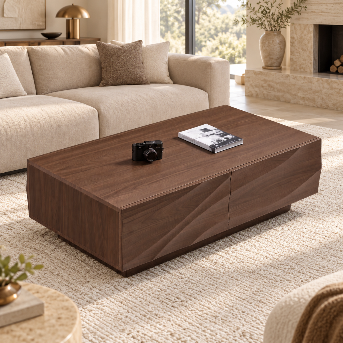 Sculpted Walnut Wooden Coffee Table & TV Unit Set