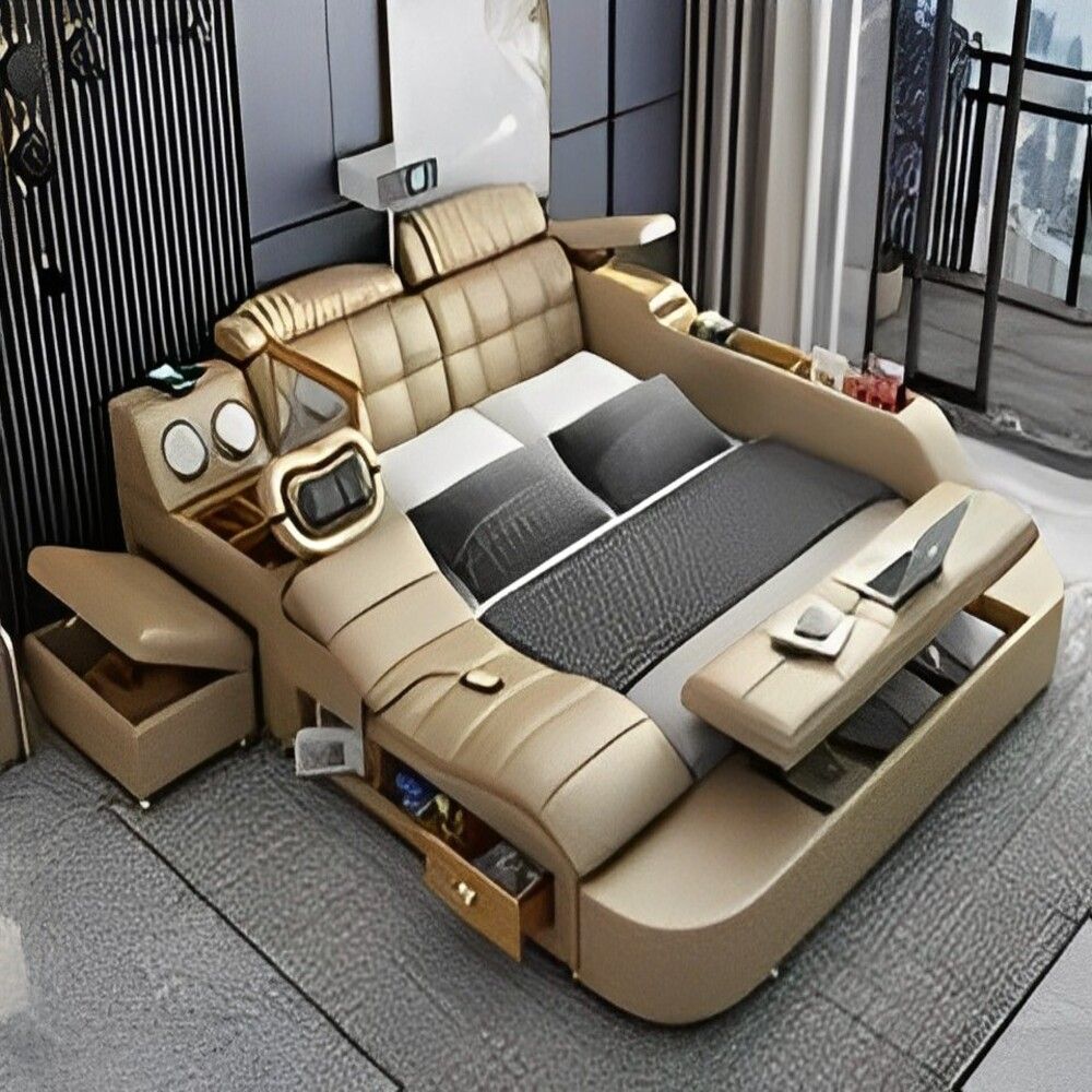 Smart Bed with Projector Wireless Charging Bluetooth Speaker Seat and Small Dressing Table Safe and Side Cabinet Plus Back and Neck Massager - King Size : 180*200
