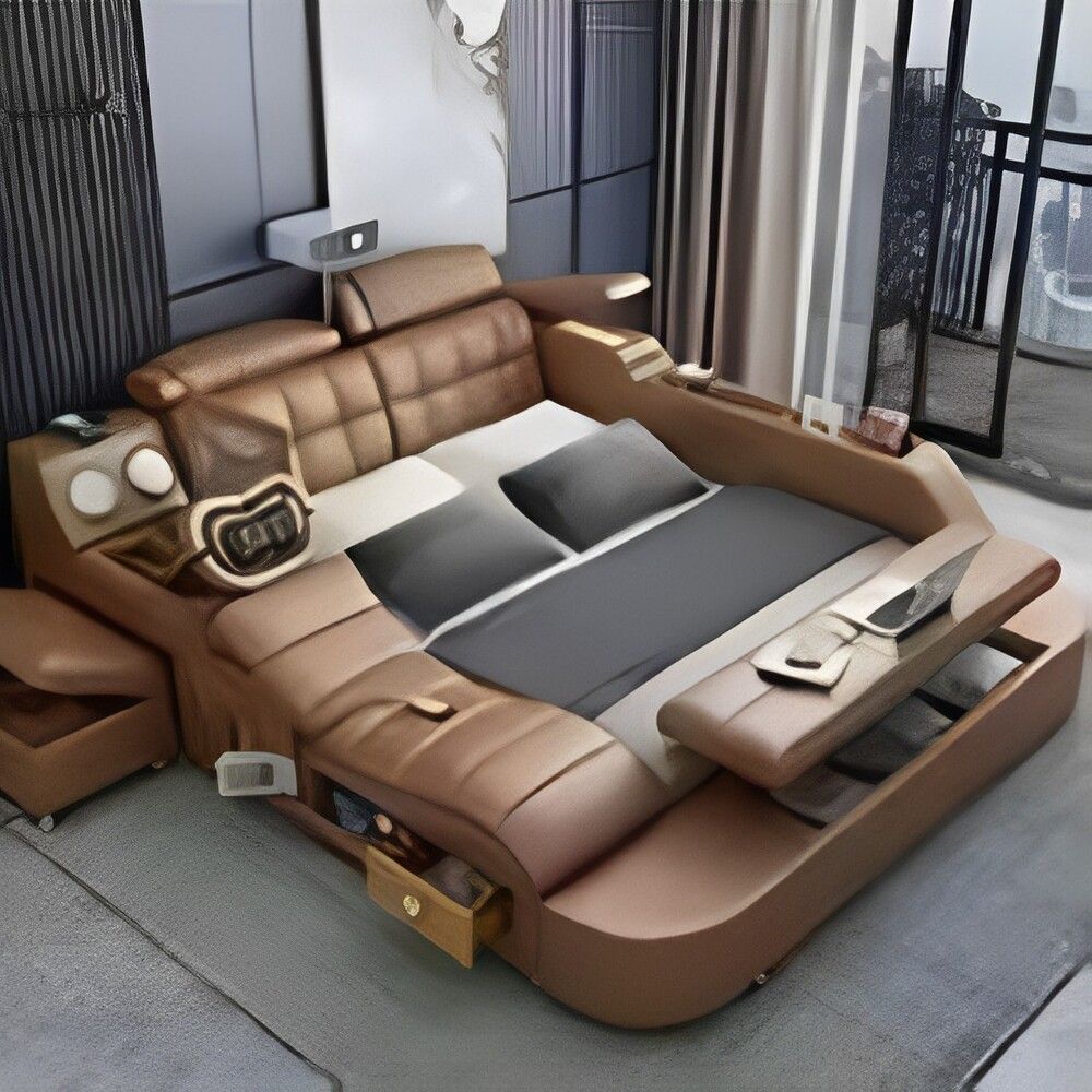 Smart Bed with Projector Wireless Charging Bluetooth Speaker Seat and Small Dressing Table Safe and Side Cabinet Plus Back and Neck Massager - King Size : 180*200