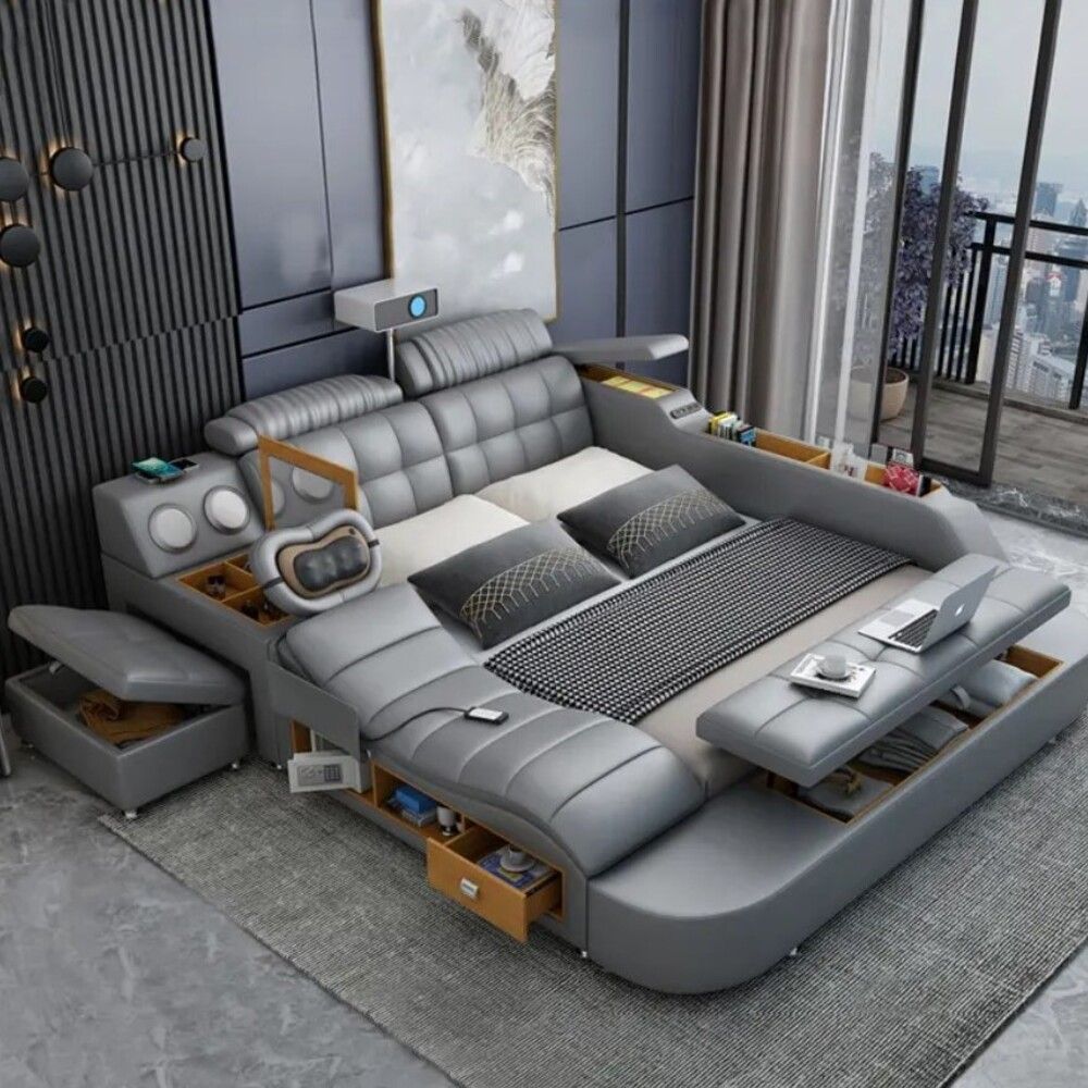 Smart Bed with Projector Wireless Charging Bluetooth Speaker Seat and Small Dressing Table Safe and Side Cabinet Plus Back and Neck Massager - King Size : 180*200