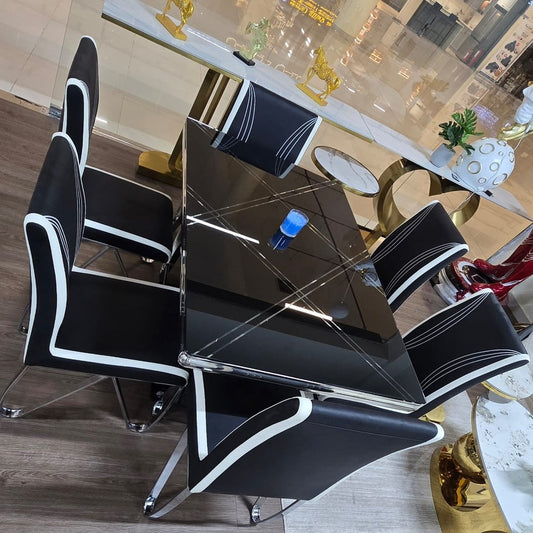 Dining Table  Tempered Glass Top with 6 Leather Chairs