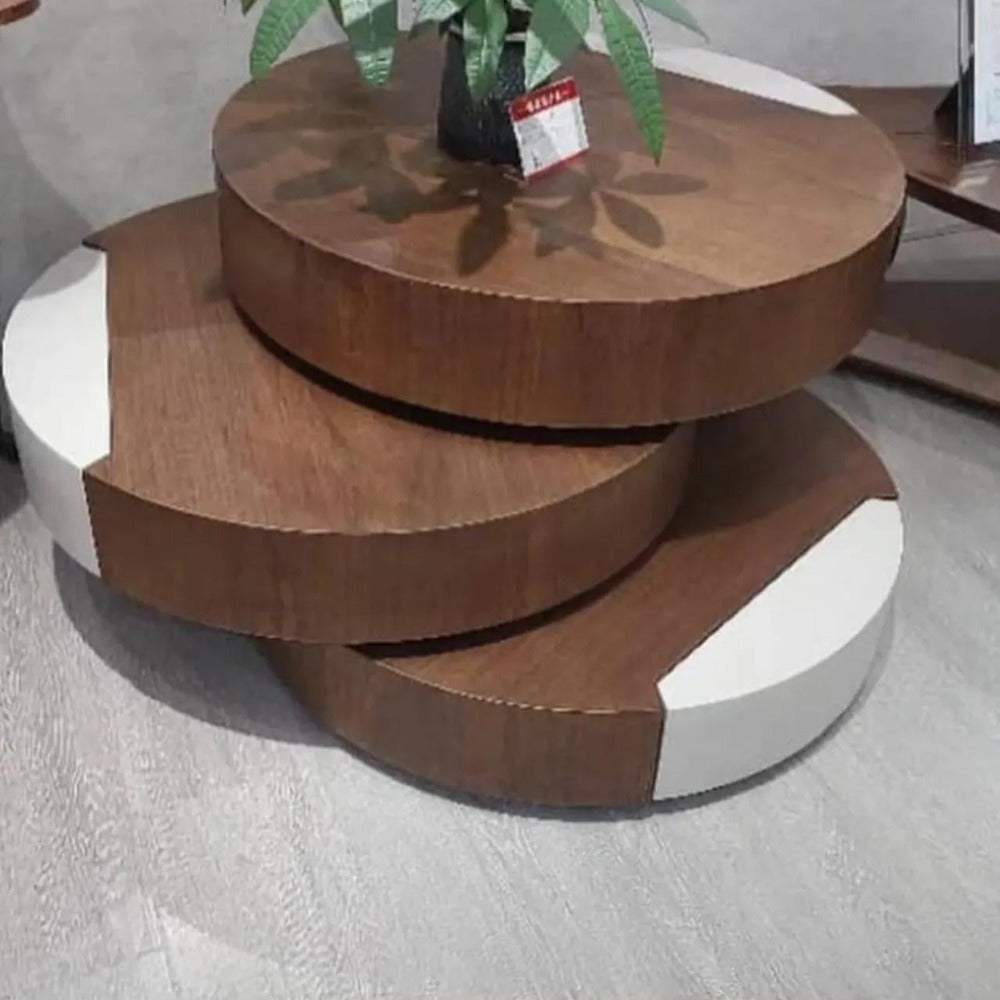 wooden coffee table, round coffee table, 3-tier coffee table, rotating table, modern coffee table, swivel table, wooden furniture, living room table, space-saving coffee table, contemporary coffee table
