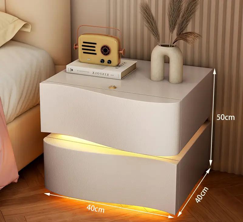 Nightstand - with LED Lights Drawer Storage Leather White 40x40x50cm
