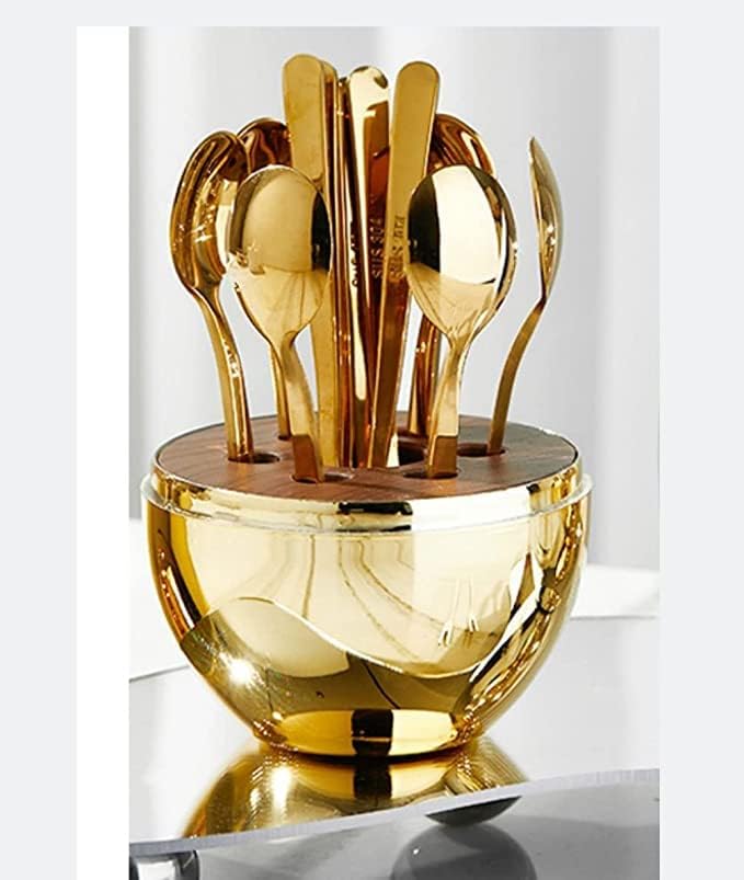 Spoon Holder With Spoon Egg Shape Tableware Storage Holder Spoon Stand Utensil Organizer Fork And Knife Caddy Plastic Cutlery Storage For Kitchen, (Gold 6 Spoon & 1 Ice Tong)