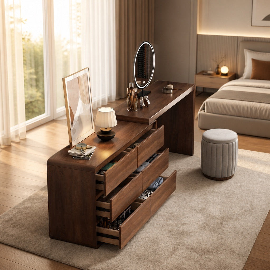 Natural Solid Wood Vanity Desk with Mirror & Stool-adjustable 160 To 240CM
