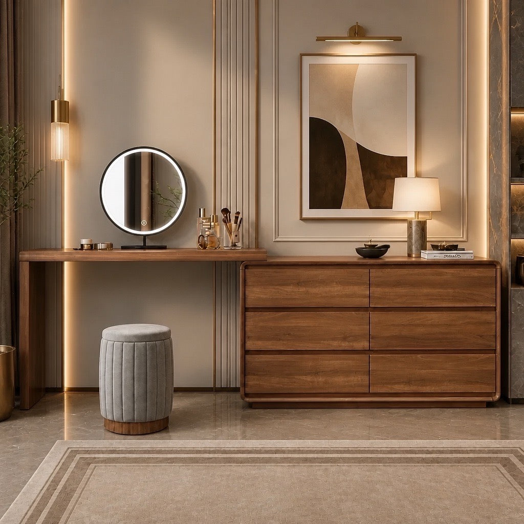Natural Solid Wood Vanity Desk with Mirror & Stool-adjustable 160 To 240CM