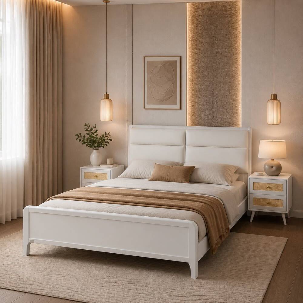 King Size Bed Frame Solid Wood And Leather 180x200 White