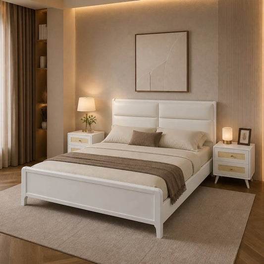 King Size Bed Frame Solid Wood And Leather 180x200 White