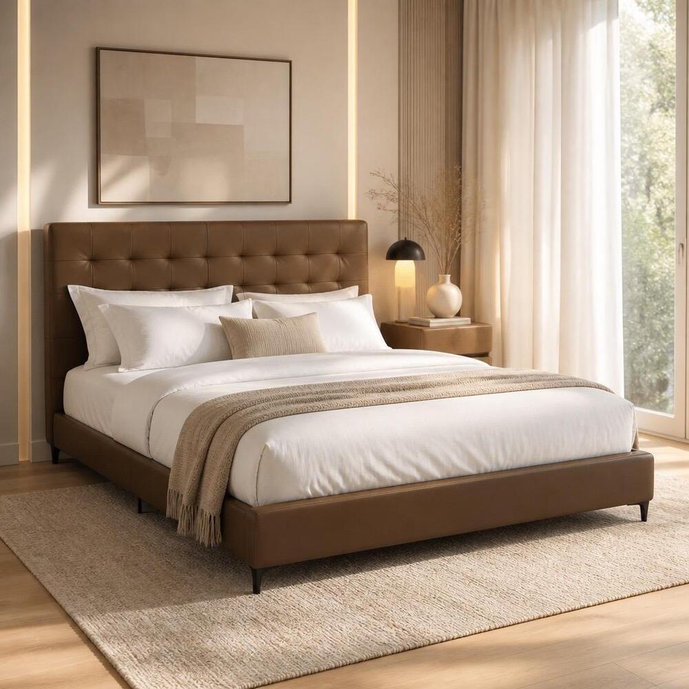 King Size Bed Frame Solid Wood And Leather 180x200 Brown