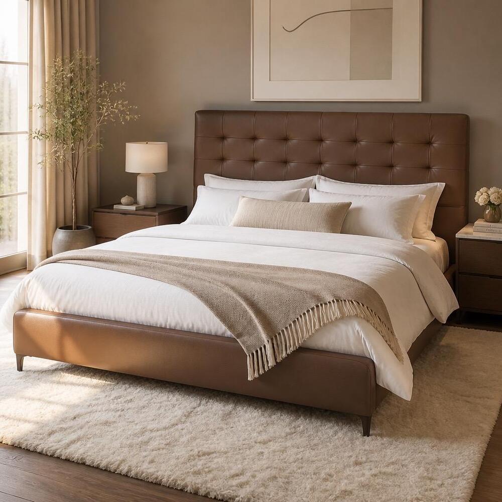 King Size Bed Frame Solid Wood And Leather 180x200 Brown