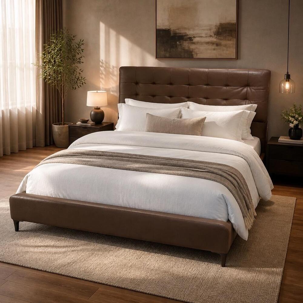 King Size Bed Frame Solid Wood And Leather 180x200 Brown