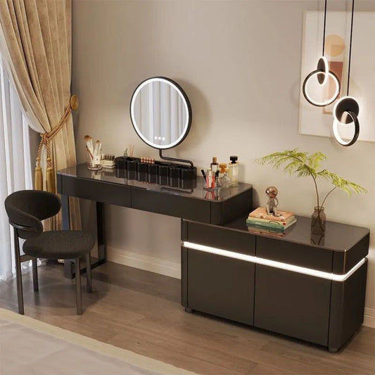 mirrored vanity beauty desk with light, black dressing table glass top with free delivery in Dubai , Shop now