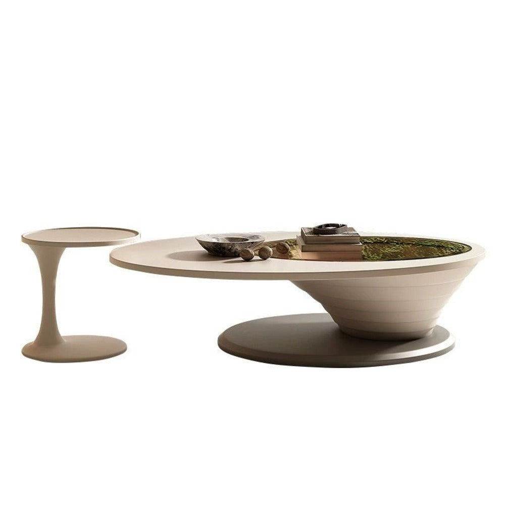  sculptural coffee table ; glass-top table ; high-end living room table ; artistic coffee table ; minimalist furniture ; designer coffee table ; swirl coffee table ; stylish coffee table ; wooden coffee table