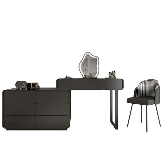 Black vanity set ; modern dressing table ; cloud-shaped mirror ; luxury makeup table ; minimalist furniture ;  six-drawer chest ; obsidian black vanity ; contemporary bedroom furniture ; elegant vanity set ; functional vanity set ; minimalist dressing table