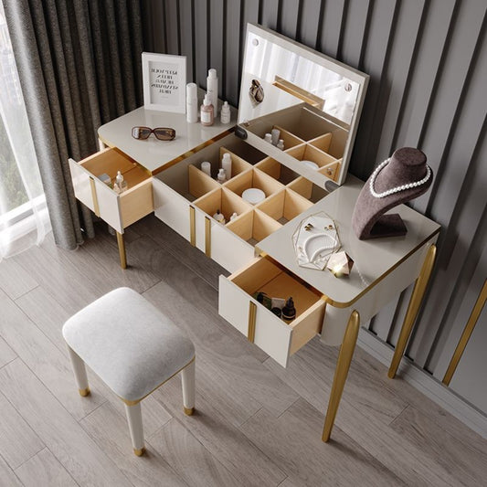 Modern vanity table with mirror ; Luxury dressing table with storage ; Stylish vanity with stool ; Jewelry and cosmetic organizer table ; Elegant bedroom furniture ; Dressing table for makeup ; Minimalist vanity table design ; Contemporary beauty table ; Compact vanity table with drawers ; Beige furniture for bedrooms