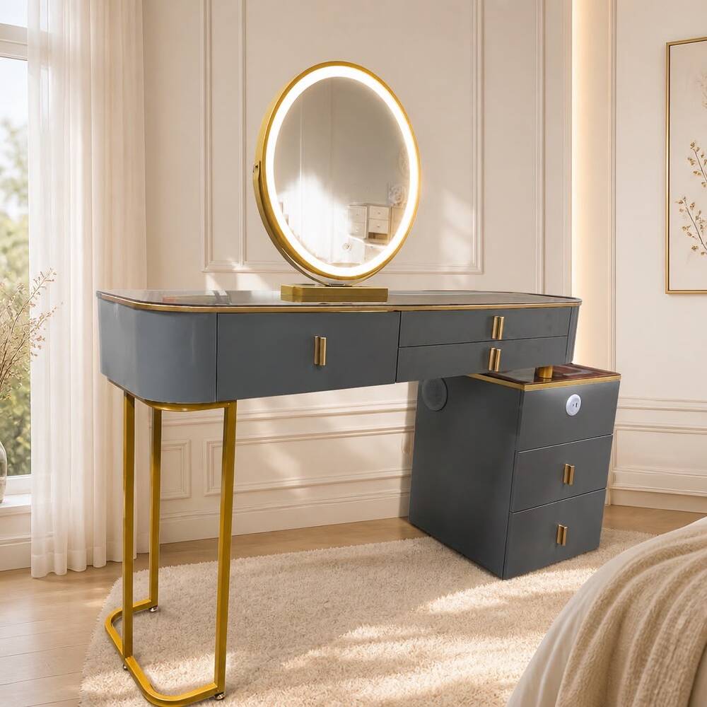 Vanity Table - Smart Cool Dressing Table Grey With Gold Accent