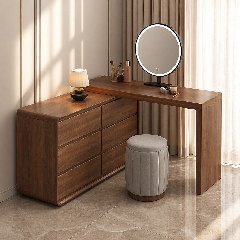 Natural Solid Wood Vanity Desk with Mirror & Stool-adjustable 160 To 240CM