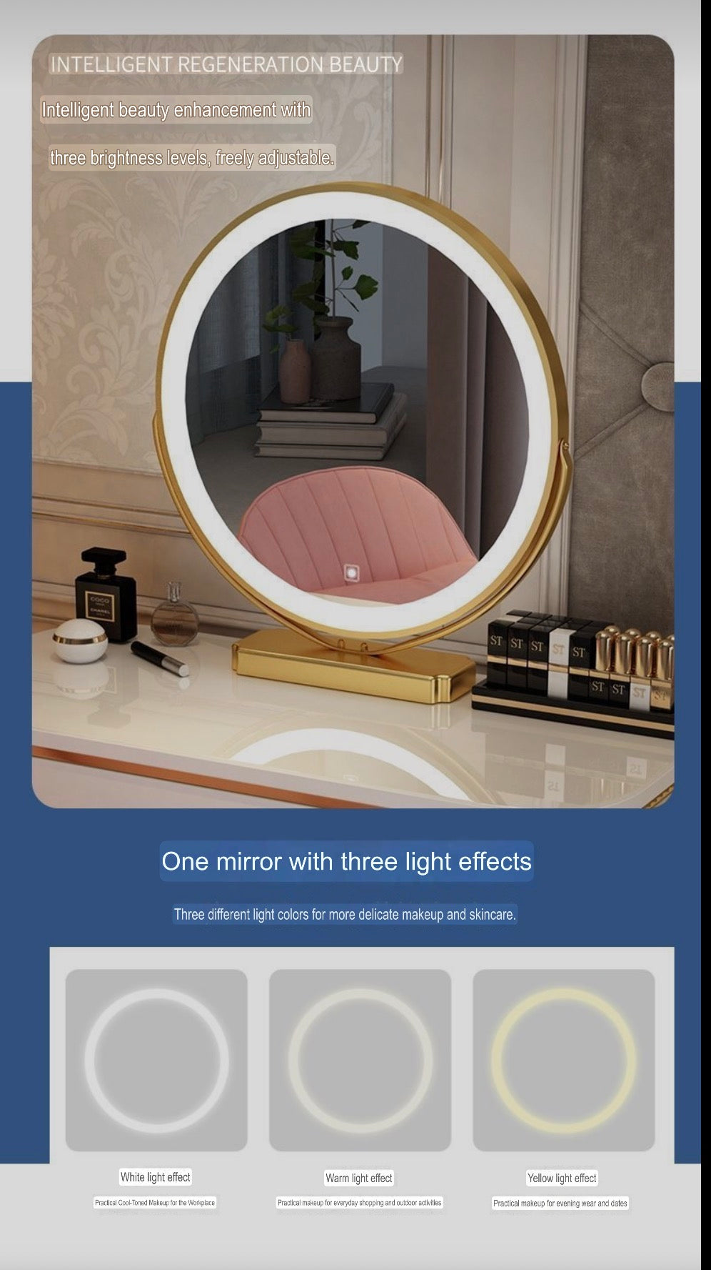 Vanity With LED Mirror and Chair White