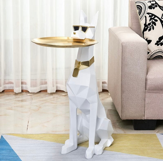 Geometric Dog-Shaped Key Tray & Coffee Table - Modern Resin Decorative Sculpture with Gold Tray - Unique Home Decor, Entryway Key Holder, and Side Table .